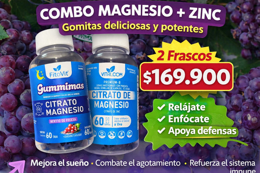 Combo Magnesio + Zinc en Gomitas – 2 Frascos x 60 Gomas | Energía, Relajación y Defensas
